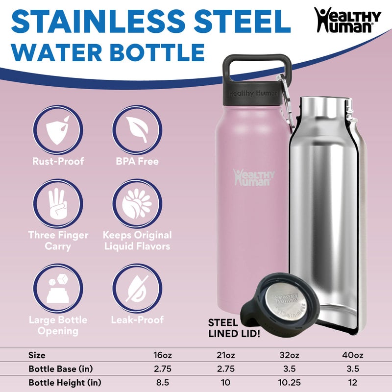 Healthy Human Stainless Steel Water Bottle | Double Walled Vacuum Insulated Water Thermos for Adults | Eco-Friendly Travel Bottles with Leak Proof Lid (Petal Pink, 21 oz/ 621 ML) - Image 3